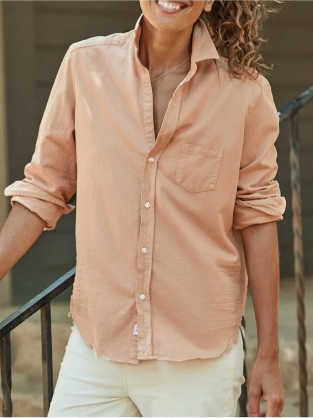 Frank & Eileen "Eileen"
Distressed Shirt Vintage Peach Famous Denim Size XS